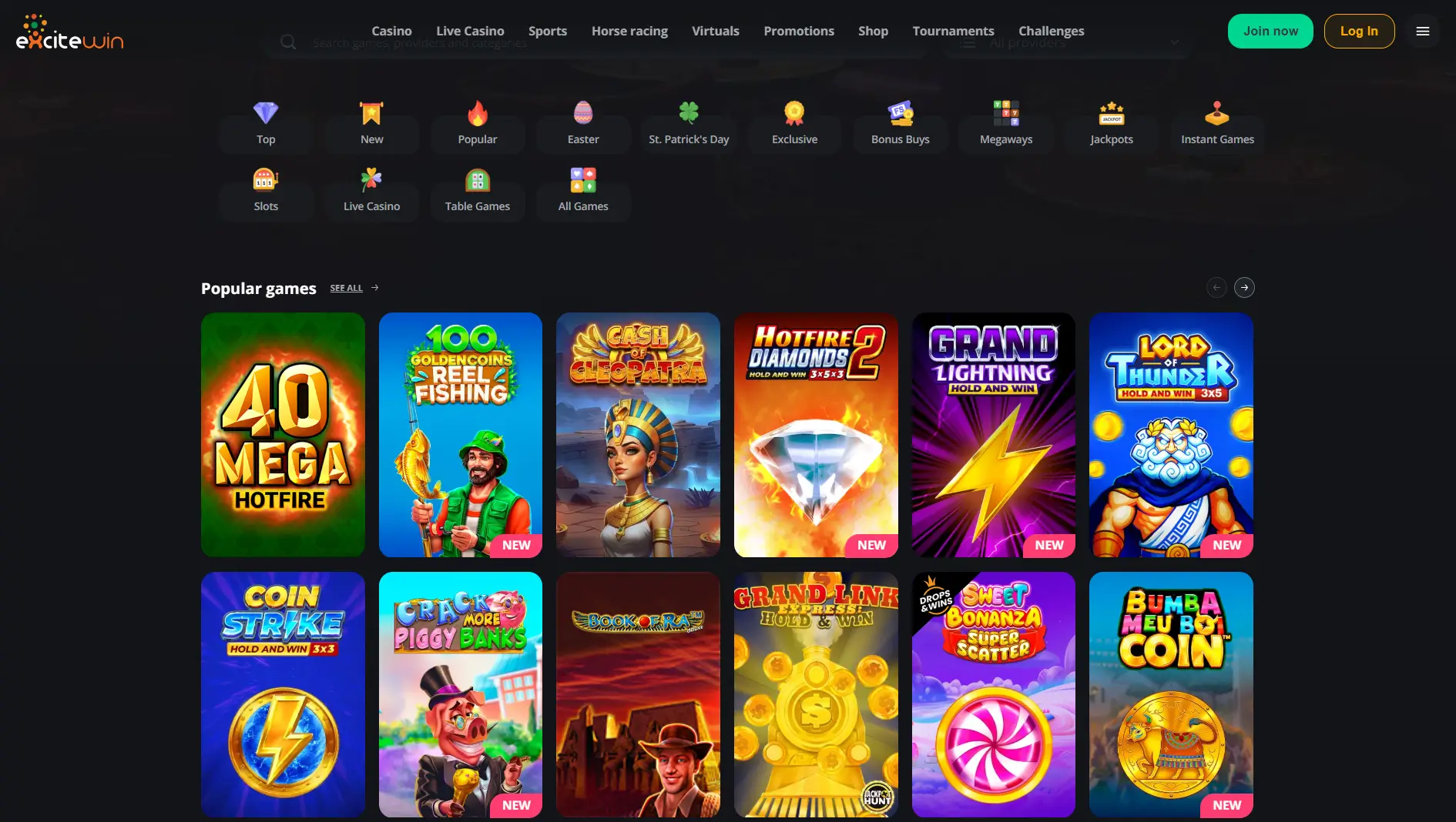 Excitewin Casinon suosittujen pelien aula online-slotteineen ja jackpot-peleineen